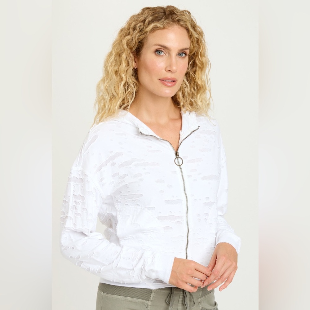 XCVI Irra Jacket White Distressed Zip-Up Hoodie NWT